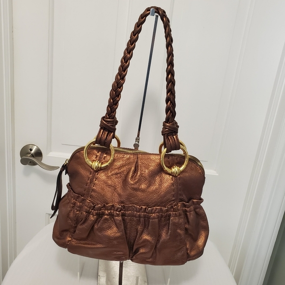 B. Makowsky Copper Metallic Pebble Grain Leather Shoulder Bag Goldtone Hardware - Picture 1 of 12